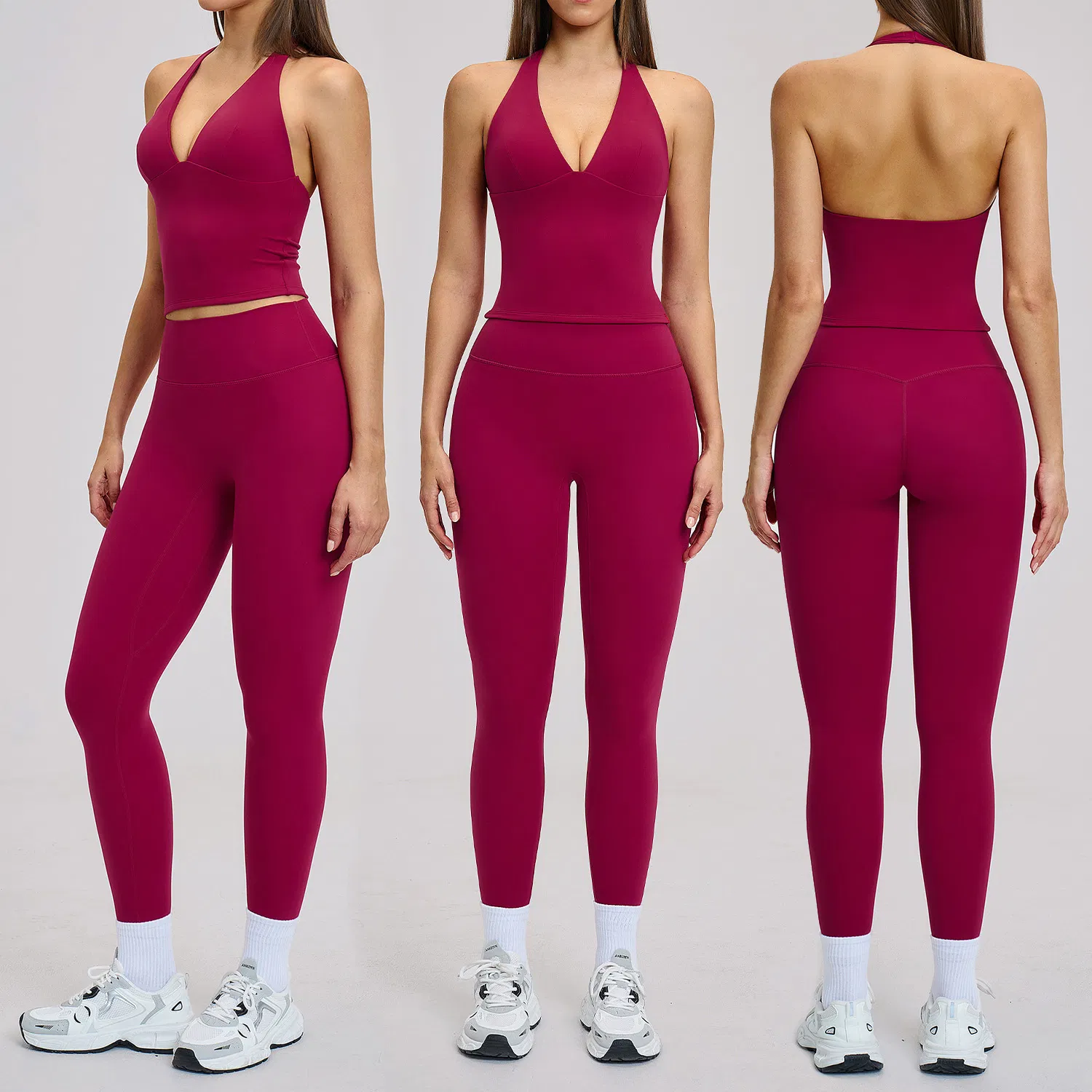 Stylish Sports Gym Fitness Yoga Clothing with Halter Deep V-Neck Backless Yoga Top + Butt Lifting Leggings for Workout
