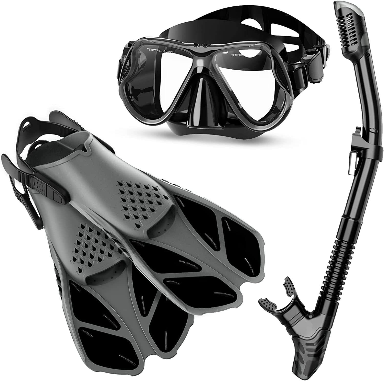 Snorkeling Gear for Adults, Snorkel Set Anti-Fog Anti-Leak, Panoramic View Diving Mask &amp; Dry Top Snorkel, Adjustable Snorkel Fins with Travel Bag for Snorkeling