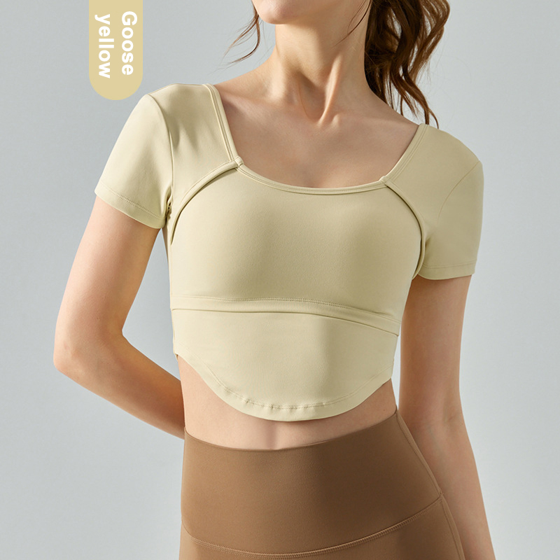 2-in-1 Yoga Short Sleeve U-Shaped Open Back T-Shirt Sports Cut-out Bra