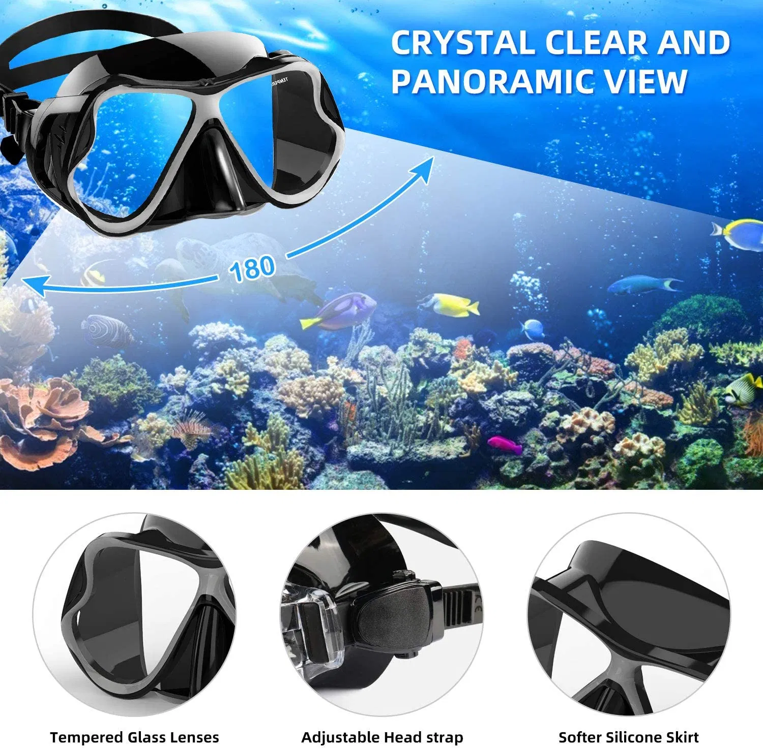 Snorkeling Gear for Adults, Snorkel Set Anti-Fog Anti-Leak, Panoramic View Diving Mask &amp; Dry Top Snorkel, Adjustable Snorkel Fins with Travel Bag for Snorkeling