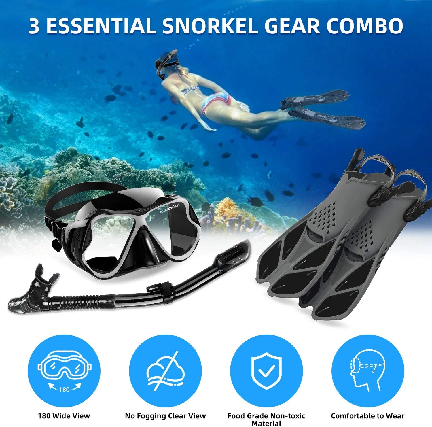Snorkeling Gear for Adults, Snorkel Set Anti-Fog Anti-Leak, Panoramic View Diving Mask &amp; Dry Top Snorkel, Adjustable Snorkel Fins with Travel Bag for Snorkeling