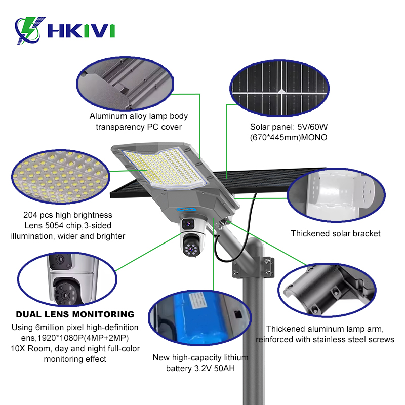 Lâmpada de Rua Solar com Duas Lentes 900W com CCTV 6 Milhões de Pixels Lâmpada de Rua LED Solar com Câmera Eseecloud