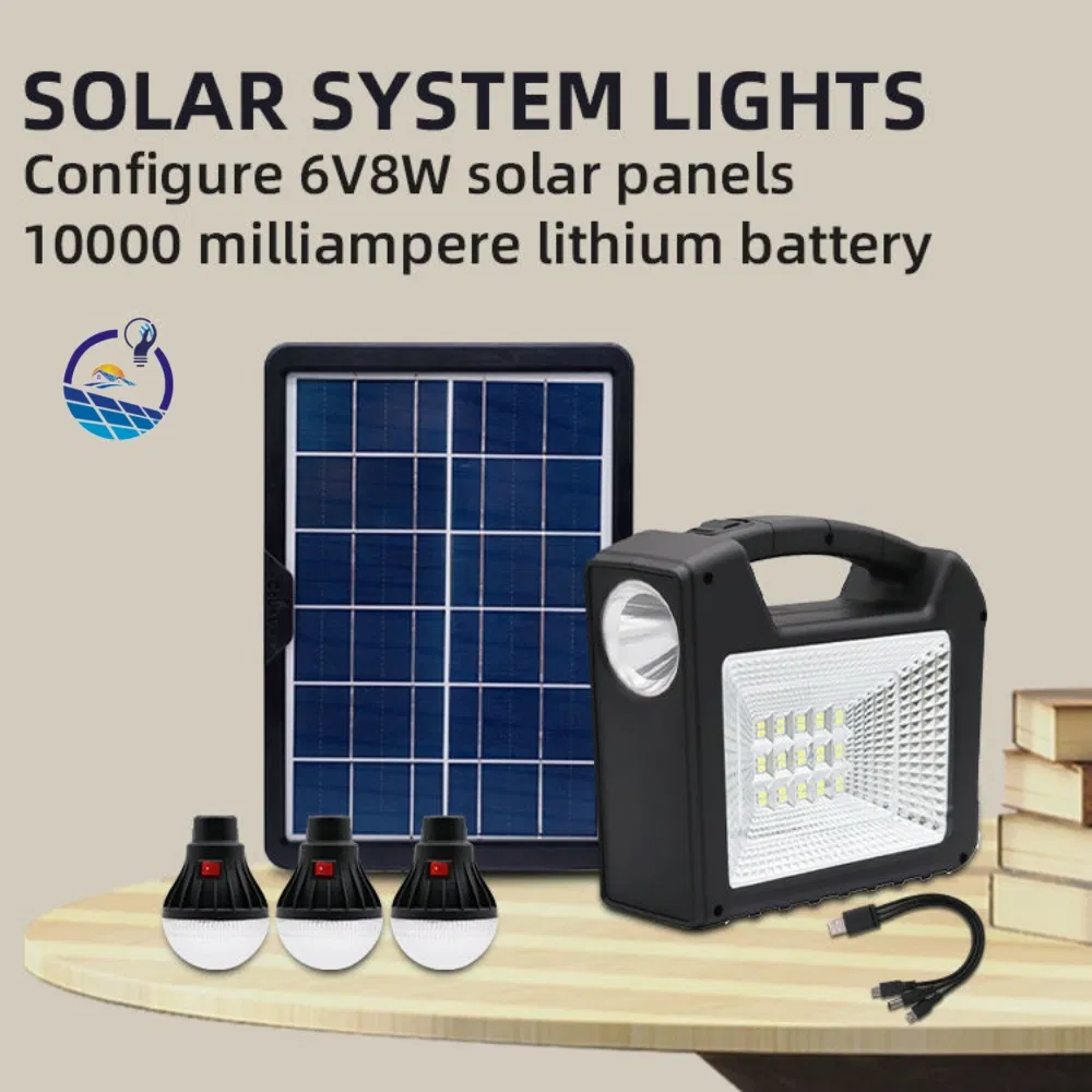 Portable Solar Emergency LED Lighting Kit USB Port Solar Panel 10000mAh Rechargeable Battery Pack for Home Landscape Road