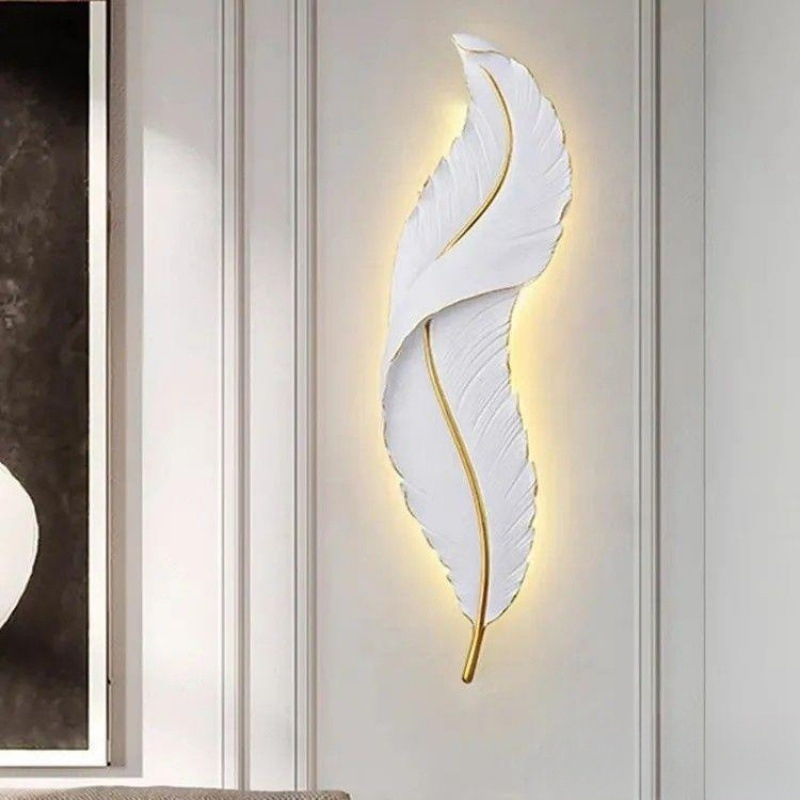 Luminária de Parede Decorativa de Cabeceira Estilo Nórdico Aplique de Resina Forma de Pena Luz de Parede LED Luzes de Lavagem de Parede para Sala de Estar Quarto