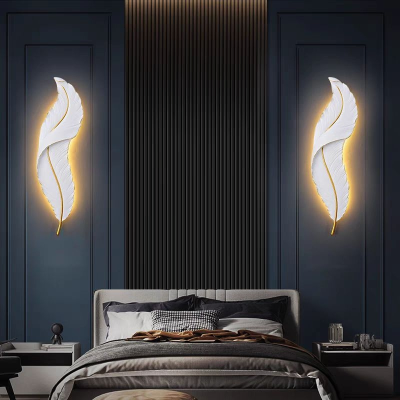 Luminária de Parede Decorativa de Cabeceira Estilo Nórdico Aplique de Resina Forma de Pena Luz de Parede LED Luzes de Lavagem de Parede para Sala de Estar Quarto