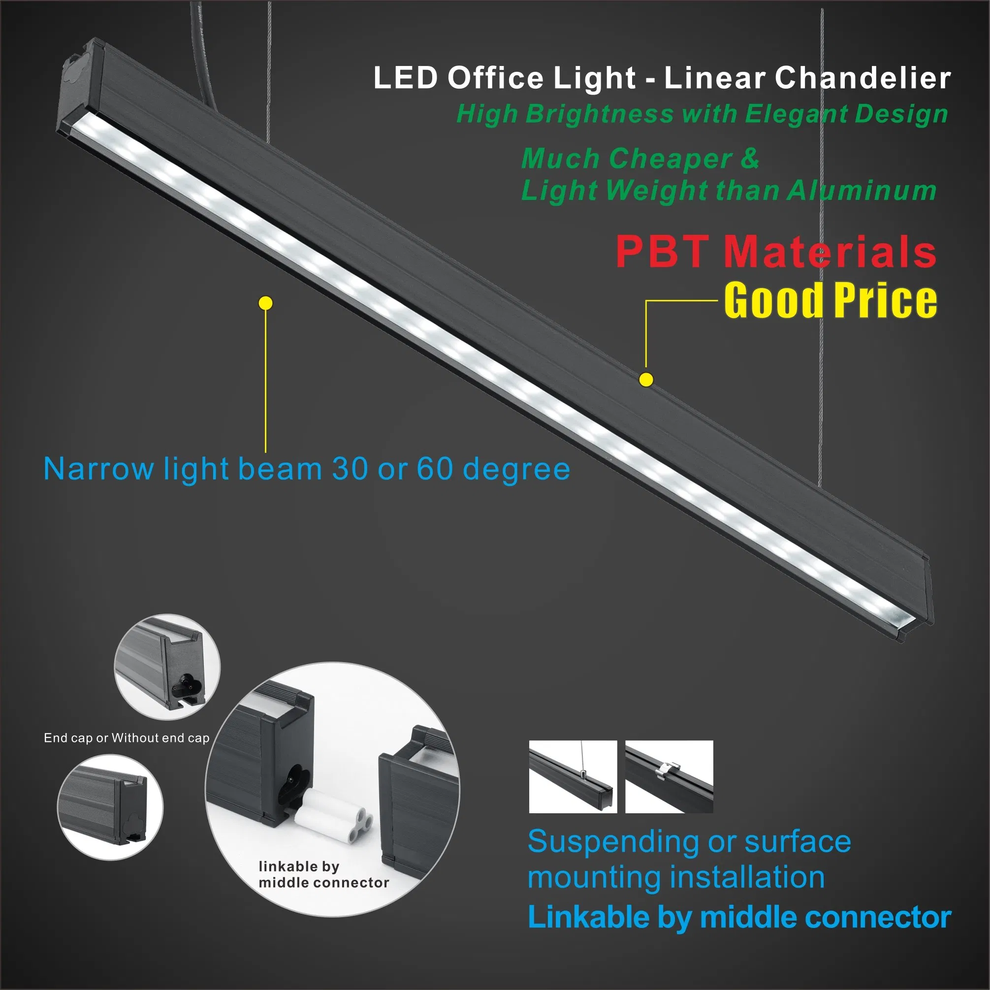 Candelabro Linkável para Corredor de Escritório em Casa Interno com Carcaça de PBT T8 Luz de Tubo Montada na Superfície Luz Linear LED Suspensa