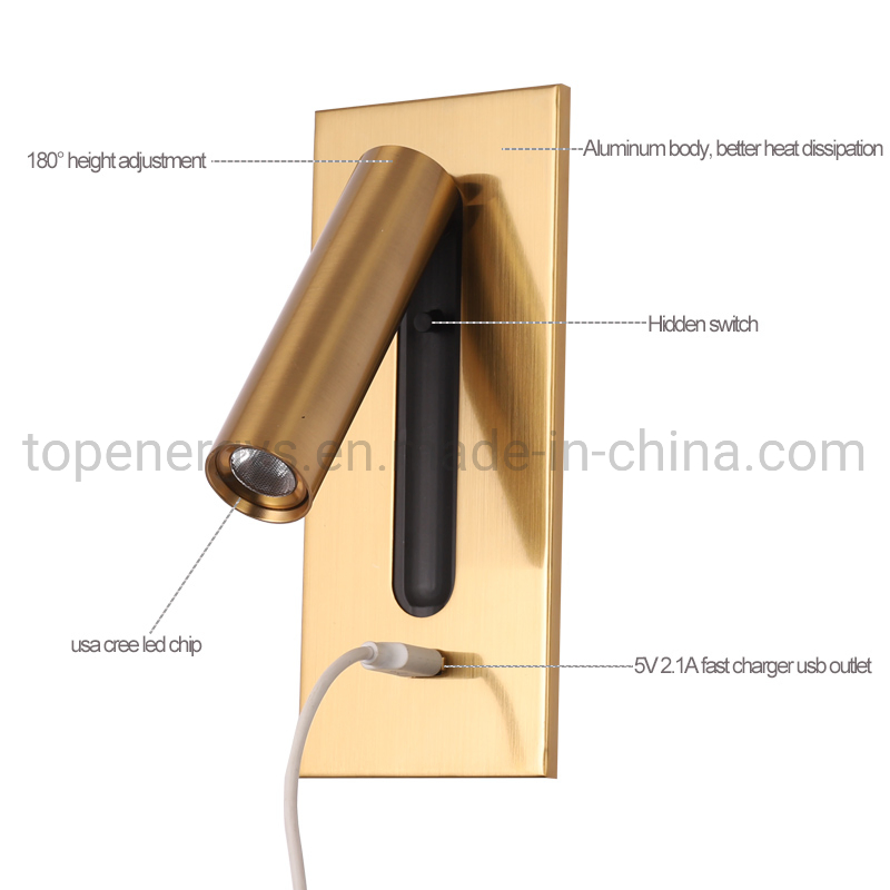 Luz de Parede LED USB Hiden Switch 5V 2A Carregador USB Quarto Hotel Iluminação de Leitura ao Lado da Cama Lâmpada Decoração Moderna Aplique LED Loft