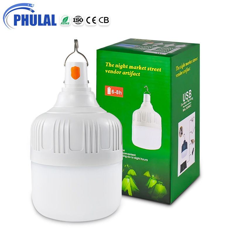Lâmpada LED Recarregável Utilitária Phulal Brand E27 B22 Lâmpada de Emergência LED para Uso Externo com Gancho para Uso Multifuncional