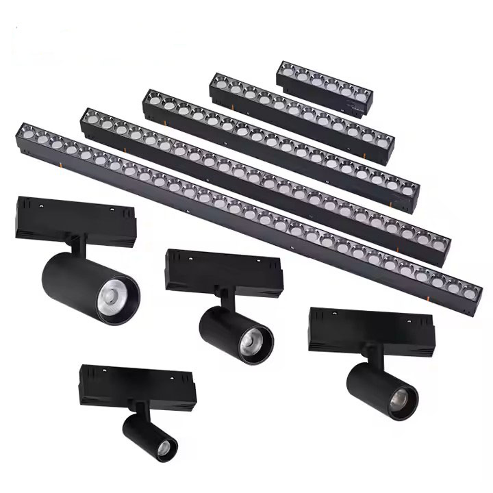 Sistema de Trilho Magnético Comercial Branco Preto em Alumínio Ajustável e Inteligente 48V Iluminação LED Magnética para Trilho