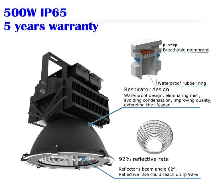 Luz de Alta Potência para Teto Alto 5 Anos de Garantia Dimerizável IP65 À Prova d'Água 500W 300W 400W Luminária LED para Teto Alto