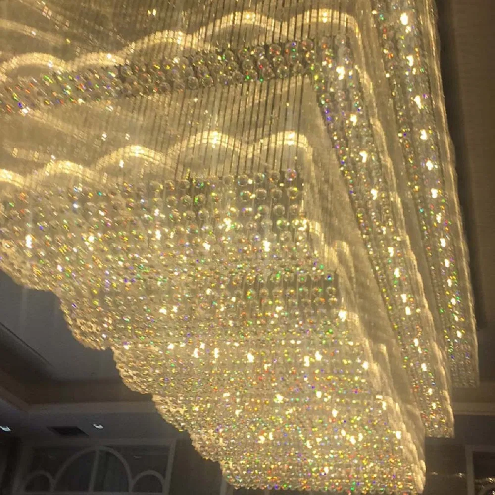 Grande Projeto Cristal Lustre Interno Estilo Onda LED Retângulo Luzes de Teto Lobby de Hotel Grande Salão Pendente Fixo Linear