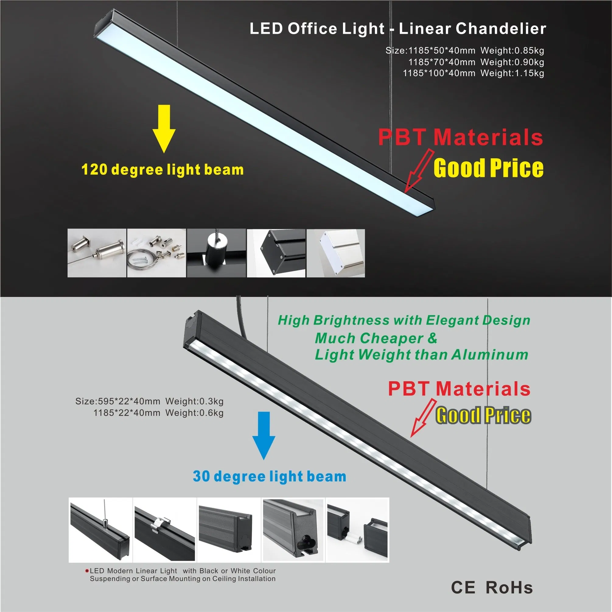 Candelabro Linkável para Corredor de Escritório em Casa Interno com Carcaça de PBT T8 Luz de Tubo Montada na Superfície Luz Linear LED Suspensa