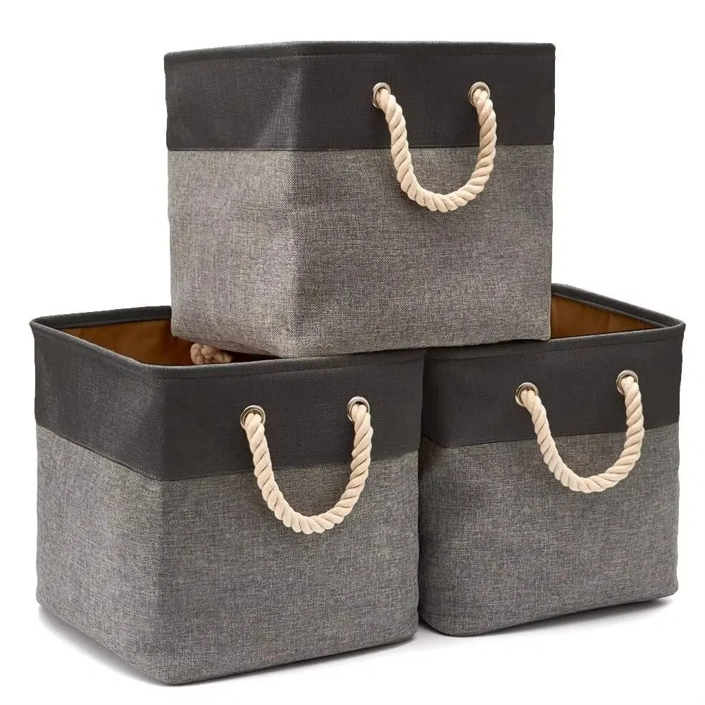 OEM Canvas Fabric Cube Storage Bin Tweed Collapsible Storage Cubes Basket with Cotton Rope Handles for Babies Nursery Toys Organizer