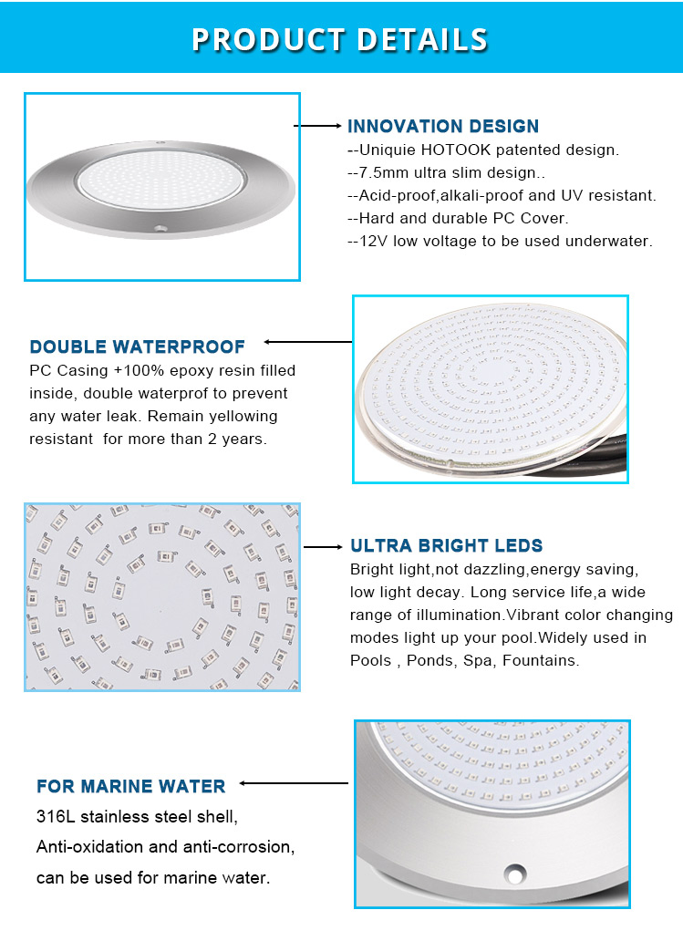 7.5mm Resin Filled LED Pool Lamp DC12V RGB Smart APP WiFi Music Controlled Kit Stainless Steel 316 Light Pool