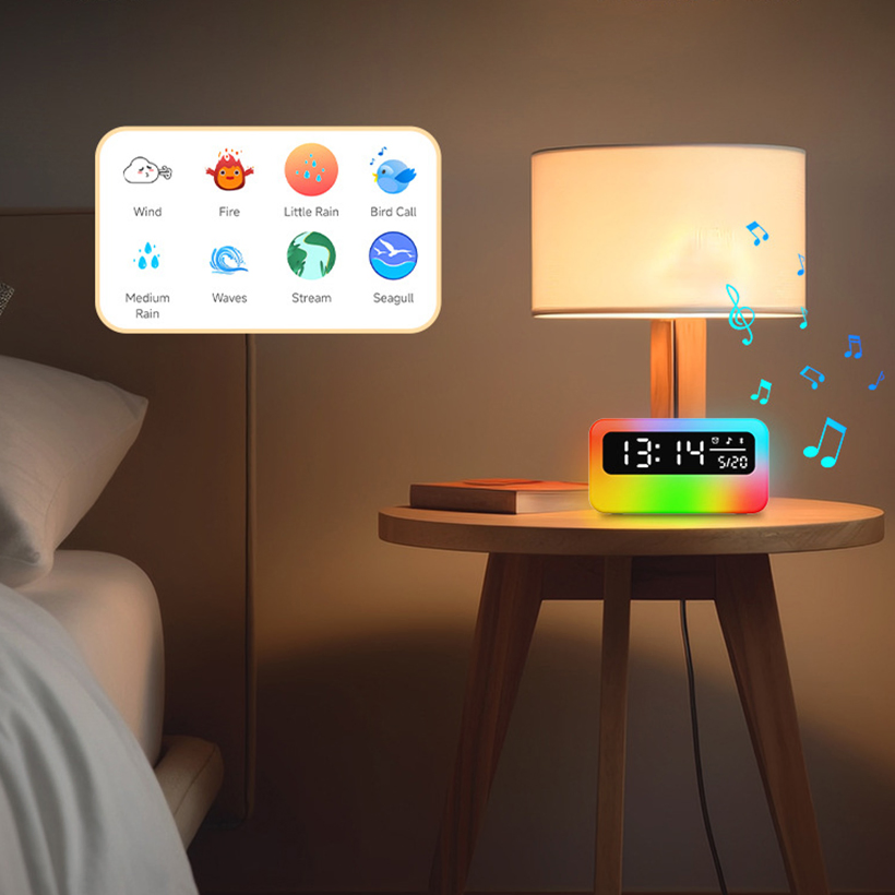 Smart Tuya APP Controlled Alarm Clock Bedside Lamp with RGB and White Noise