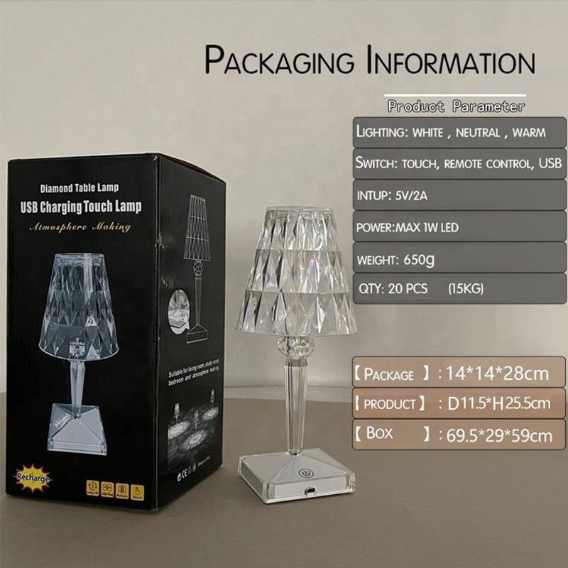 Luxury Crystal Vintage Rechargeable Cordless Table Decoration USB LED Crystal Table Lamp
