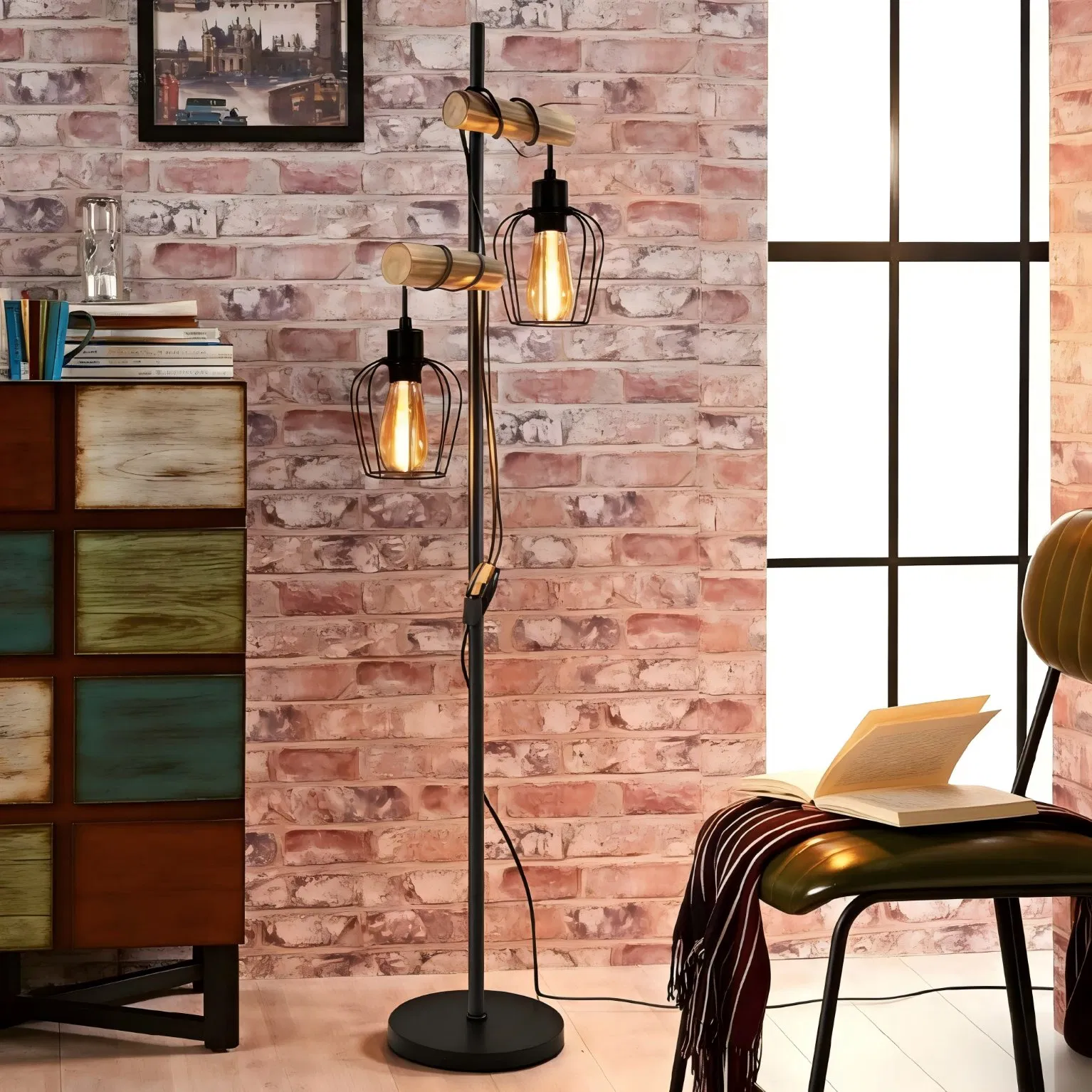 Vintage Floor Lamp Living Room Wooden Retro Floor Lamp in Industrial Design