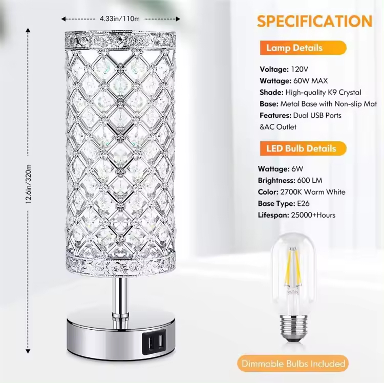 Bedroom Bedside Desk Lamp Touch Dimming Luxury Crystal Table Lamp