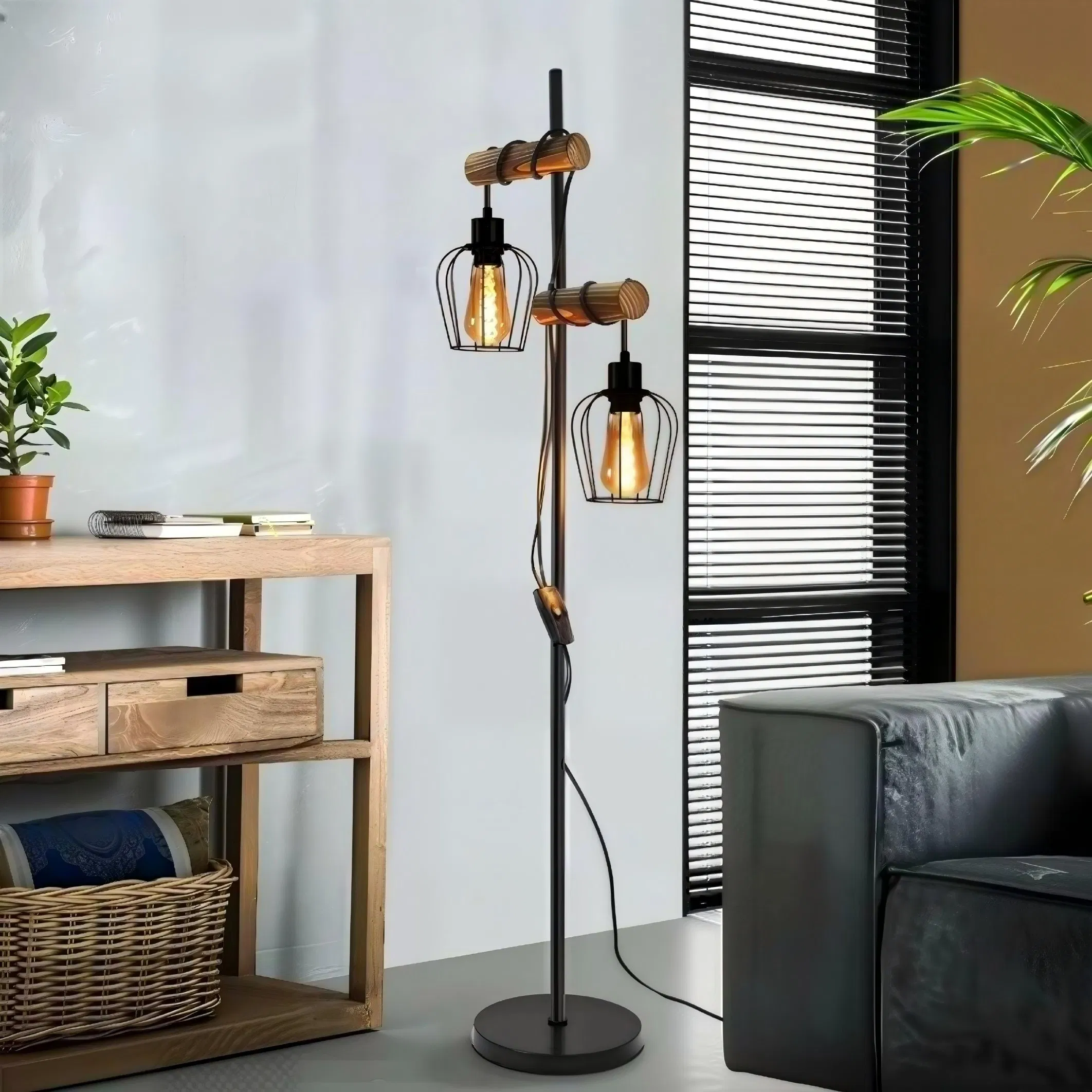Vintage Floor Lamp Living Room Wooden Retro Floor Lamp in Industrial Design