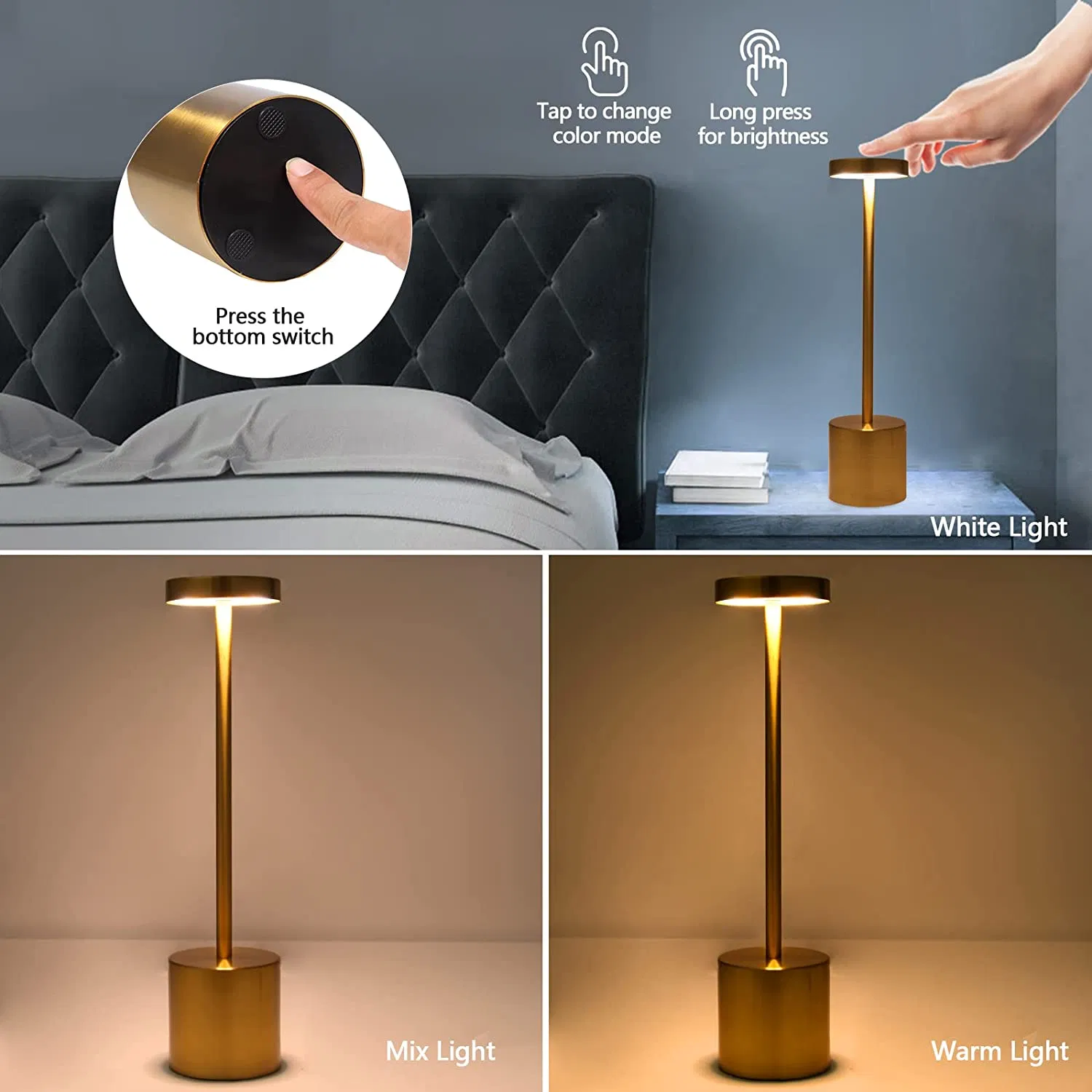 USB Cordless Table Lamps Rechargeable Portable Battery Operated 3 Color Stepless Dimming LED Table Light for Bar Restaurant