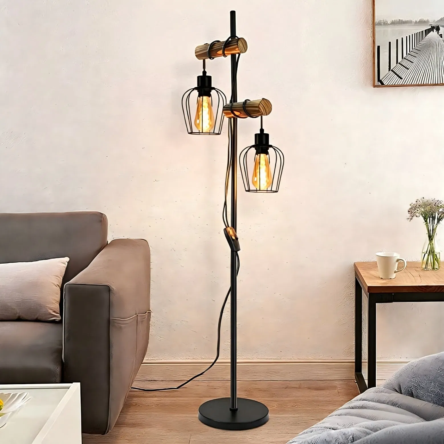Vintage Floor Lamp Living Room Wooden Retro Floor Lamp in Industrial Design