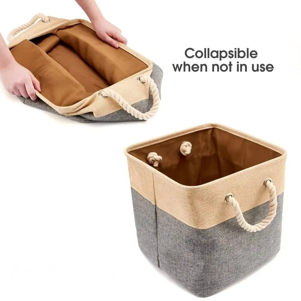 OEM Canvas Fabric Cube Storage Bin Tweed Collapsible Storage Cubes Basket with Cotton Rope Handles for Babies Nursery Toys Organizer
