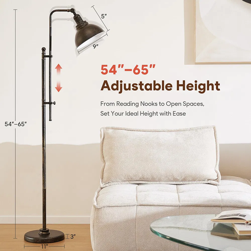 Industrial Brass Adjustable Height Head Vintage Metal Standing Reading Pole Living Room Bedroom Office Farmhouse Floor Lamp