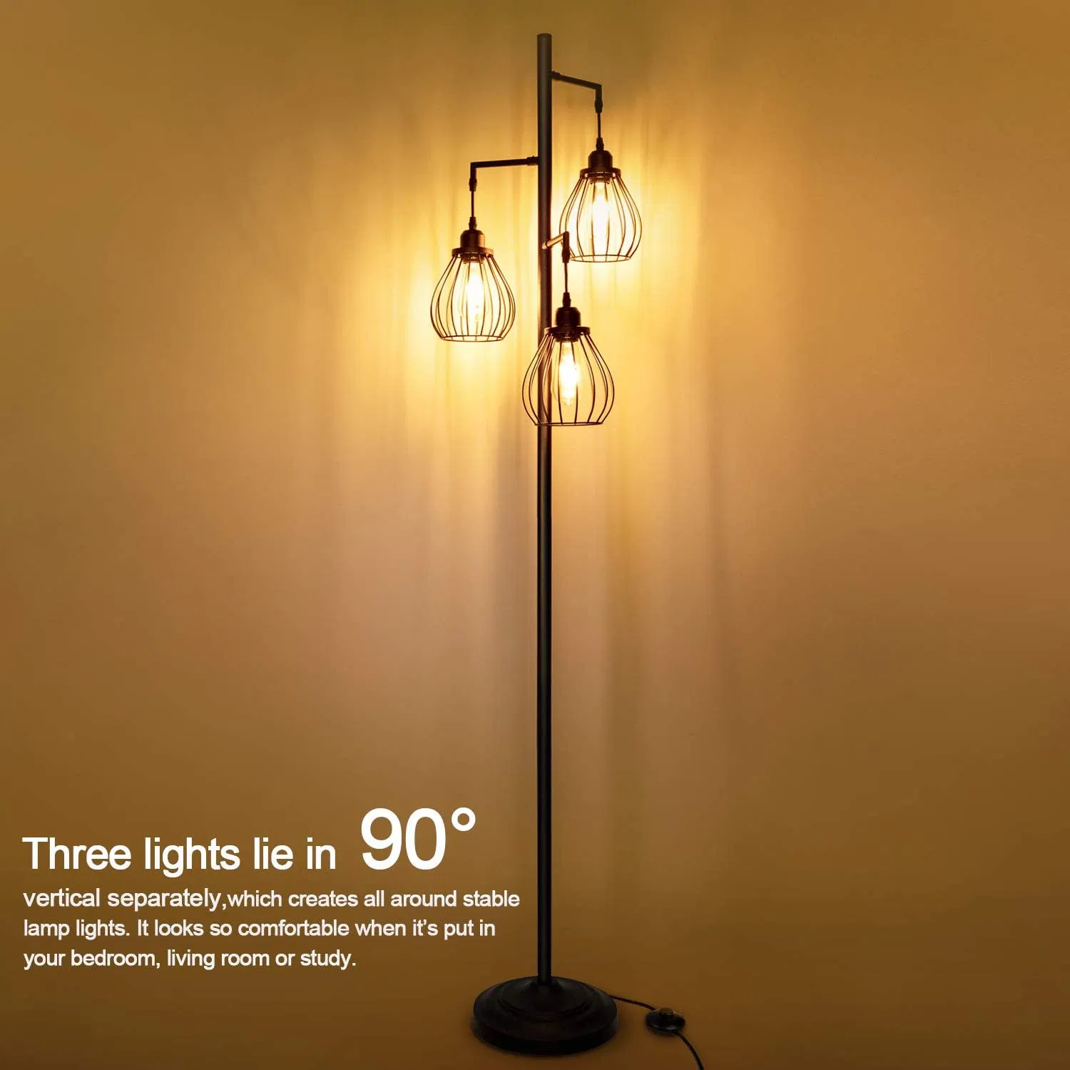 Industrial Tree Floor Lamp for Living Room, with 3 Elegant Teardrop Cage Heads, Sturdy Base Tall Vintage Pole Light Great for Farmhouse Rustic Bedroom Office