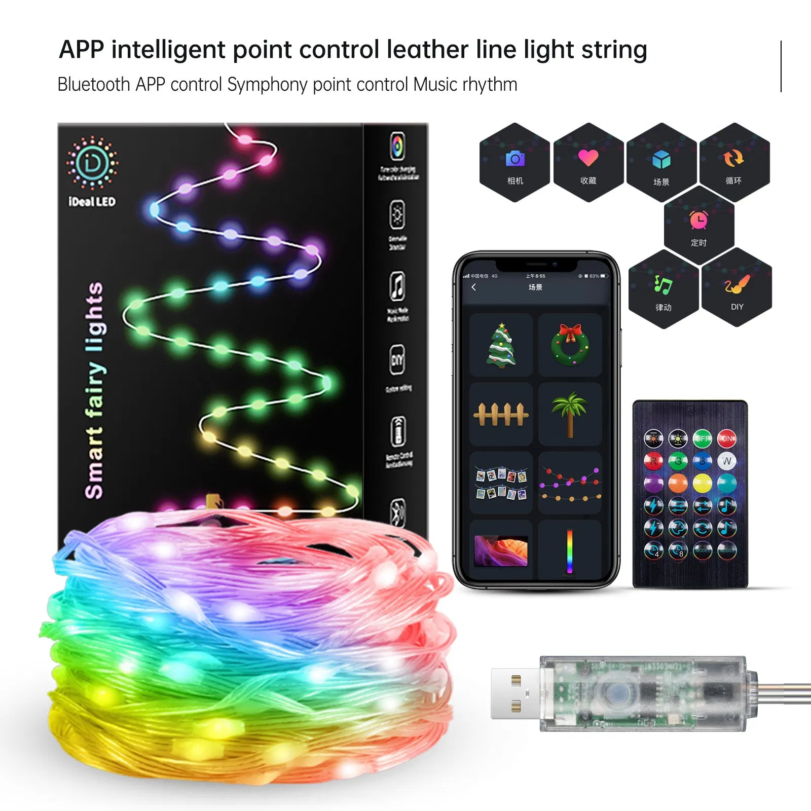 RGB Smart Fairy String Lights with 33FT USB/Solar/Battery Box DIY Twinkle Lights Remote &amp; Ideal APP Controlled Music Sync for Christmas