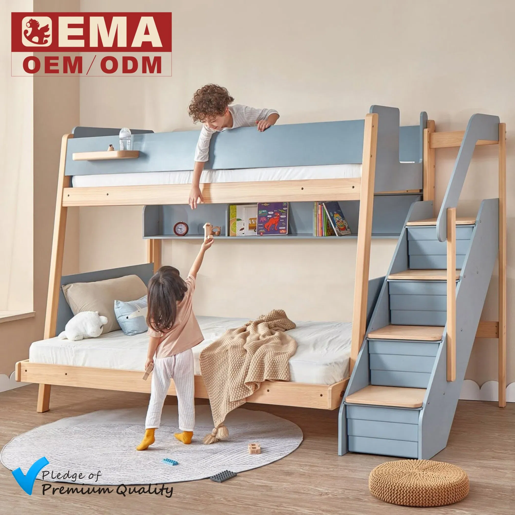 EMA Expandable Wooden Kids Toddler Children Growth Bunk Bed for School Preschool Kindergarten Nursery Daycare Classroom Bedroom with Drawers Storage