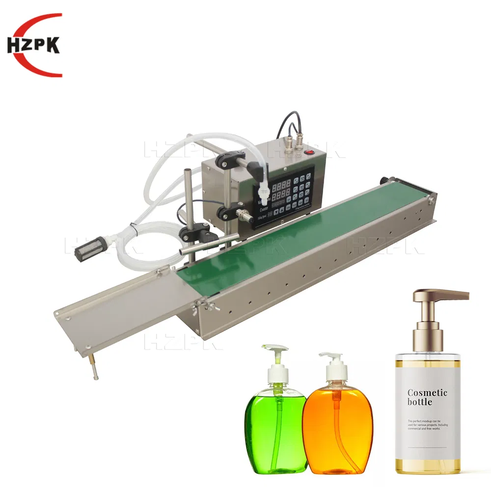 Hzpk Automatic Liquid Filling Machine with Conveyor Belt Glass Plastic Bottle Perfume Water Liquid Lotion Essential Oil Filler