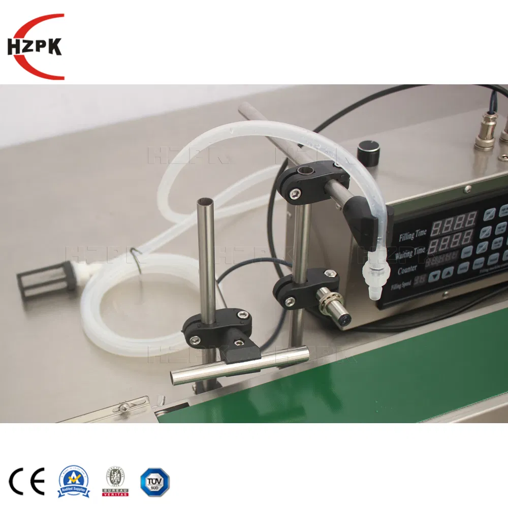 Hzpk Automatic Liquid Filling Machine with Conveyor Belt Glass Plastic Bottle Perfume Water Liquid Lotion Essential Oil Filler