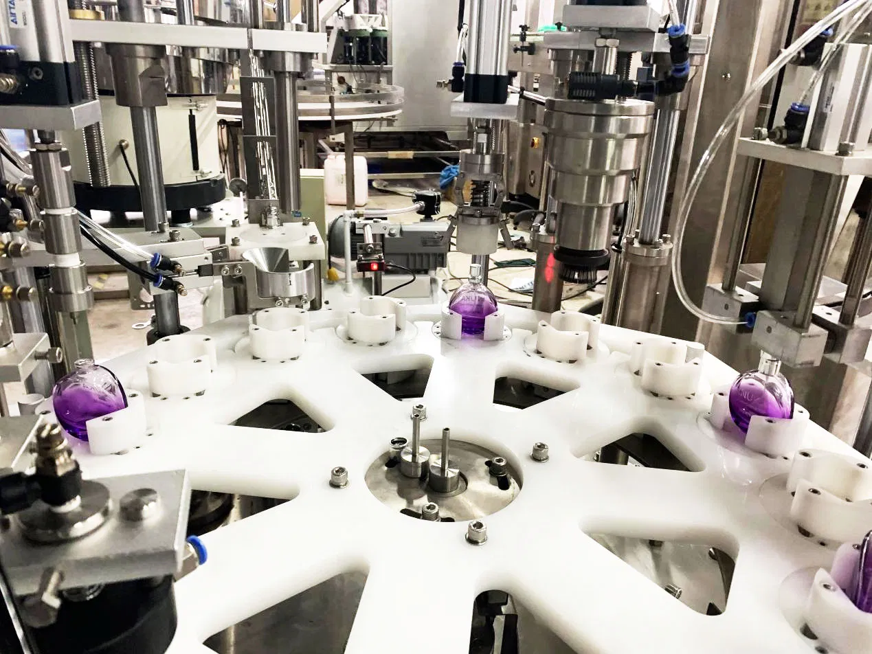 Automatic 5-100ml Luxury Rotary Negative Pressure Vacuum Liquid Perfume Filling Crimping Cap Pressing Sealing Machine