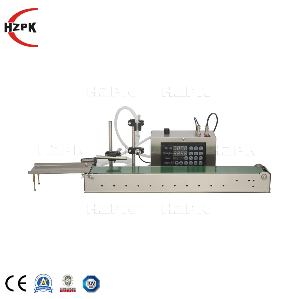 Hzpk Automatic Liquid Filling Machine with Conveyor Belt Glass Plastic Bottle Perfume Water Liquid Lotion Essential Oil Filler