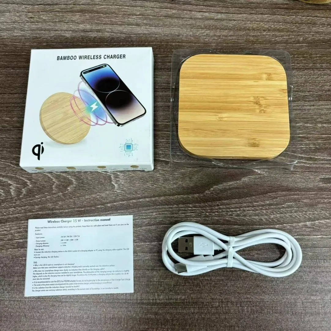 Bamboo Wood Fast Charger Pad Custom Logo 10W 15W 30W Wireless Wooden Plate Phone Chargers