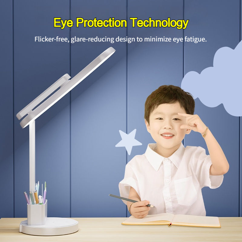 LED Table Lamp with Clock USB Charging Three-Color Temperature Pen Holder Stand Function Reading and Writing Desk Lamp