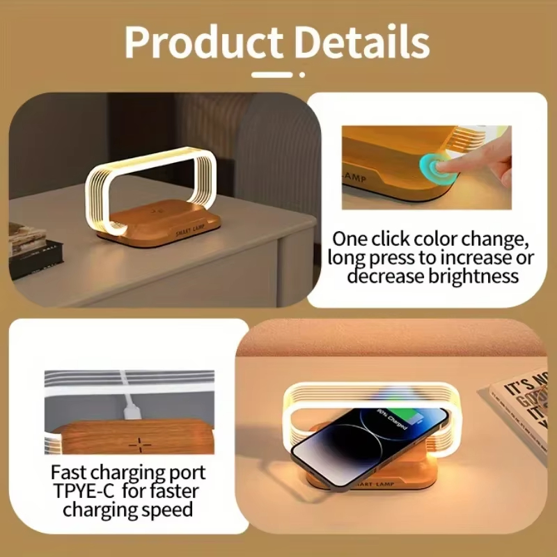 LED Wood Rechargeable Table Lamp Touch Dimmer Wireless Charger for Party Holiday Wedding Christmas Unique Night Clock