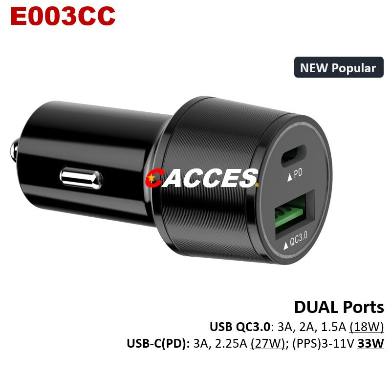 Cacces Car Charger with 36W USB Type C 27W Pd3.0&18W QC3.0 Ports Mini Metal Dual Car Adapter Compatible with Iphones,Ipads,Note,Samsung,Huawei,Any Other Mobiles