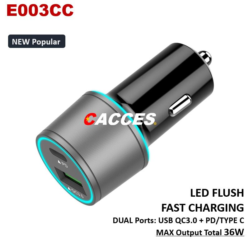 Cacces USB18W 36W QC3.0 Pd/Type C 27W Quick LED Car Charger 12-24V 3.0A Dual CE/Rosh/FCC USB Charger Quick Charge Mobile Phone Charger Cigarette Lighter Socket