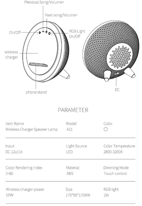 Fashionable Wireless Charger with Bt Speaker and Colorful RGB Light