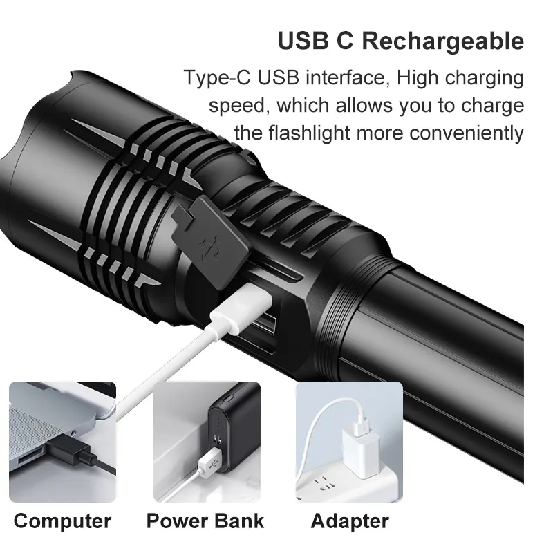 High Power Zoom, Strong Light Digital Display Multifunctional, Multi Level Adjustable Flashlight