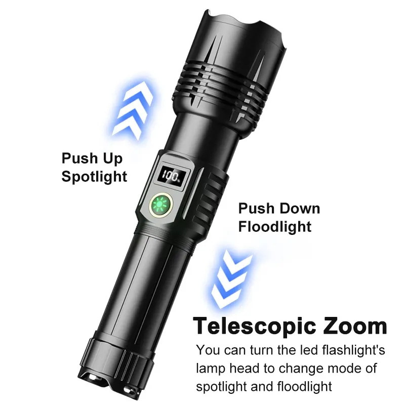 High Power Zoom, Strong Light Digital Display Multifunctional, Multi Level Adjustable Flashlight