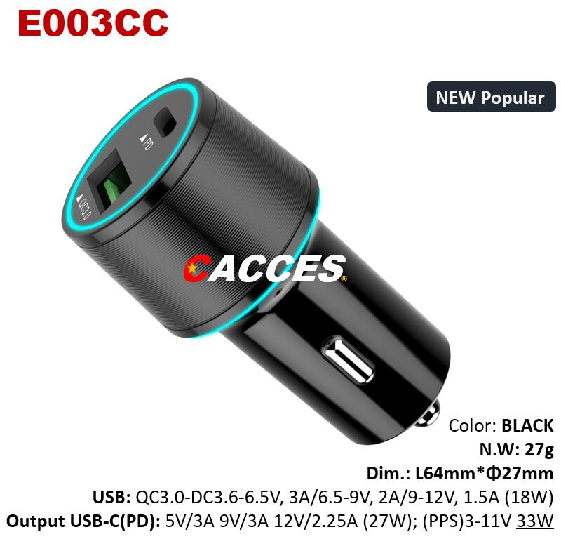 Cacces USB18W 36W QC3.0 Pd/Type C 27W Quick LED Car Charger 12-24V 3.0A Dual CE/Rosh/FCC USB Charger Quick Charge Mobile Phone Charger Cigarette Lighter Socket
