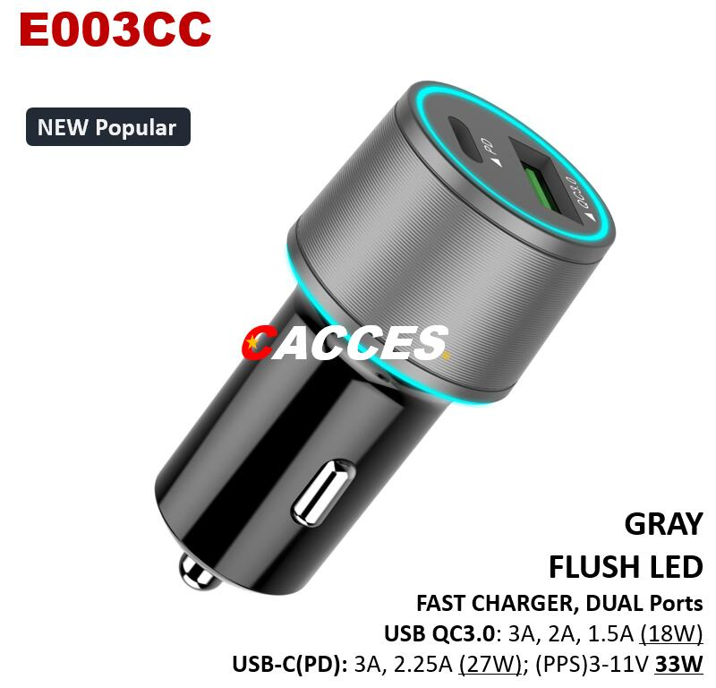 Cacces USB18W 36W QC3.0 Pd/Type C 27W Quick LED Car Charger 12-24V 3.0A Dual CE/Rosh/FCC USB Charger Quick Charge Mobile Phone Charger Cigarette Lighter Socket