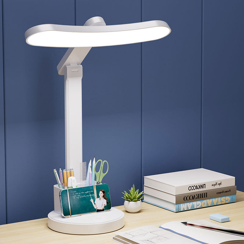 LED Table Lamp with Clock USB Charging Three-Color Temperature Pen Holder Stand Function Reading and Writing Desk Lamp
