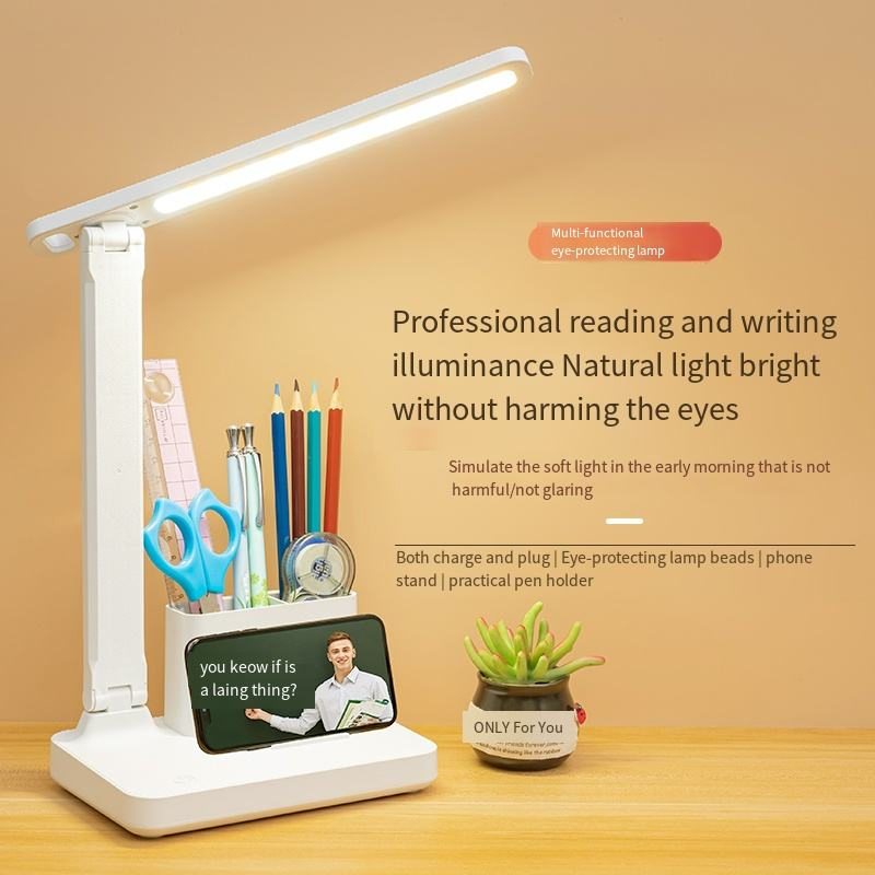 USB 1200mA LED Table Lamp Rechargeable and Plug-in Phone Stand Pen Holder Folding Eye- Protecting Reading Writing Desk Lamp
