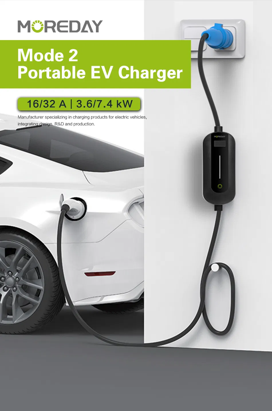 Level 1-2 EV Charger, 100-240V 16A 25FT Portable Evse, NEMA 6-20 Plug with NEMA 5-15 Adapter Electric Vehicle Charging Station
