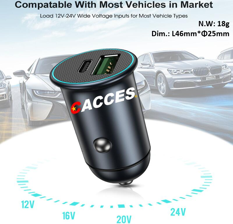 Mobile Phone Car Charger 60W Pd/Type C 30W QC3.0 Fast Car Charger CE/Rosh/FCC Car USB Charger Quick Charge QC3.0 USB Rapid Car Charger for Smart Phones&Tablets