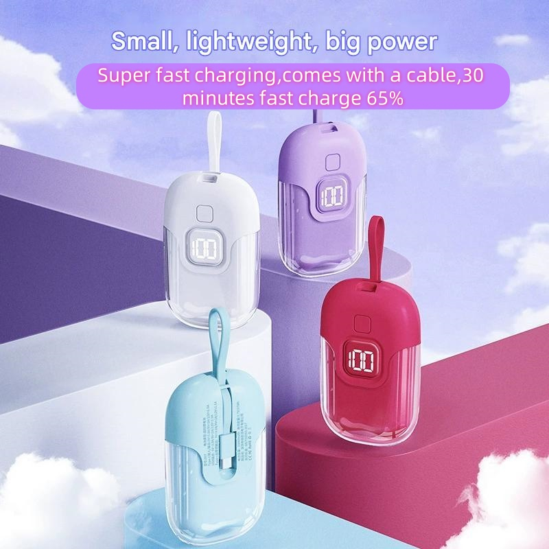 Compact and Light Weight Mini Crystal Power Source, with Built-in Cable, Capable of 22.5W Fast Chargingstylish Digital Panel
