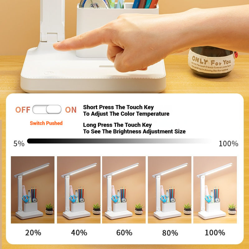 USB 1200mA LED Table Lamp Rechargeable and Plug-in Phone Stand Pen Holder Folding Eye- Protecting Reading Writing Desk Lamp